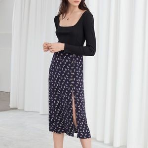 & Other Stories navy floral buttoned midi-skirt